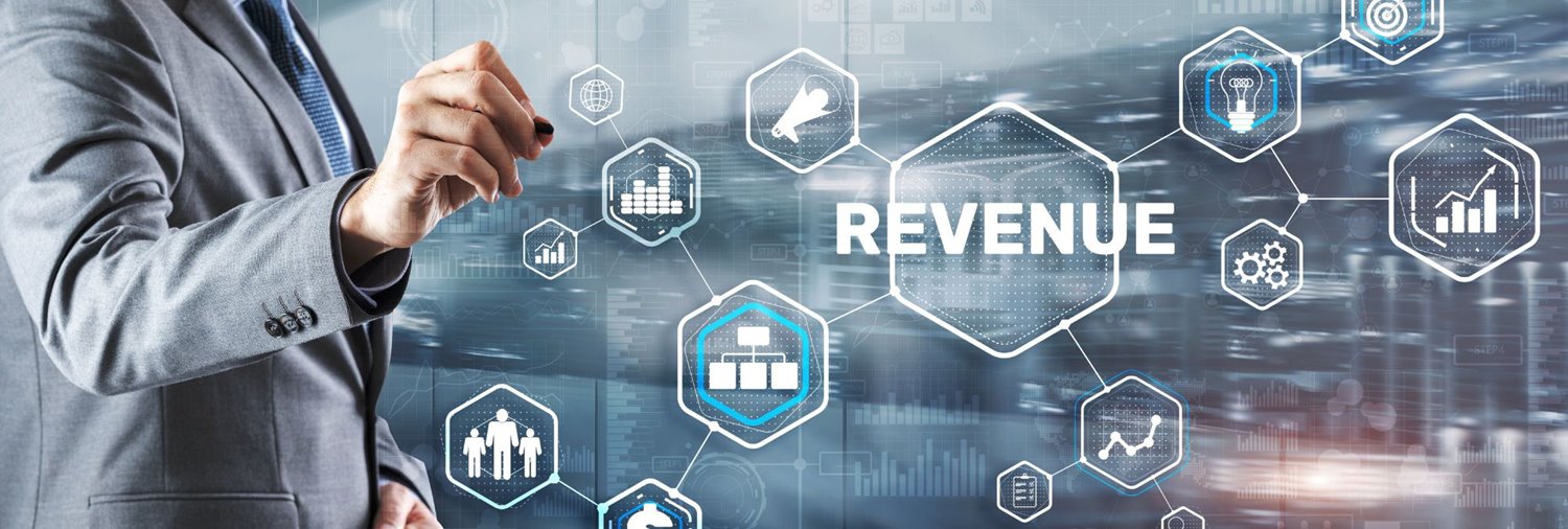 Man pointing to graphic with the word revenue on it