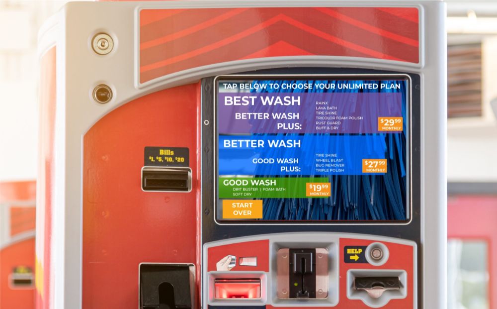 close up of car wash pay station showing price menu