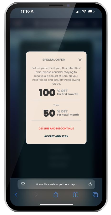 phone screen displaying a retention offer from patheon's ewa