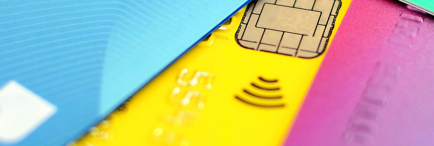 Array of colorful EMV credit cards