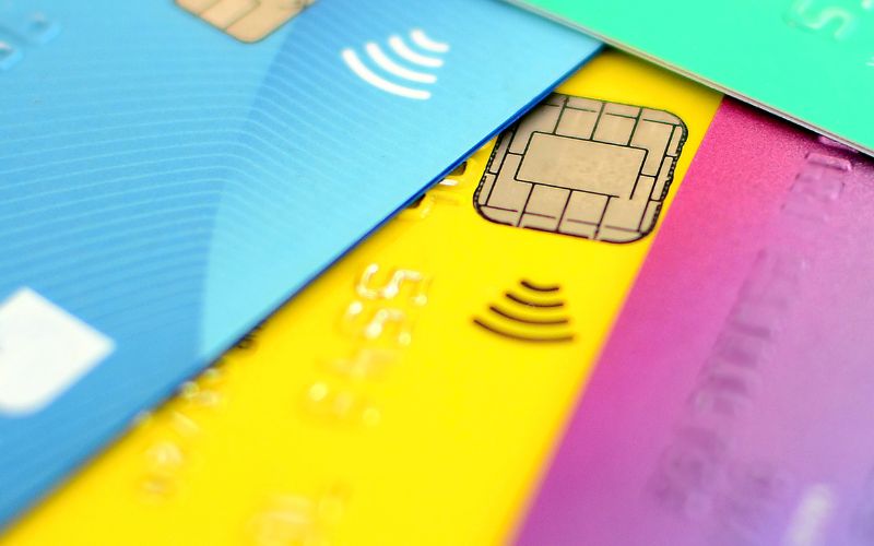 Array of colorful EMV credit cards