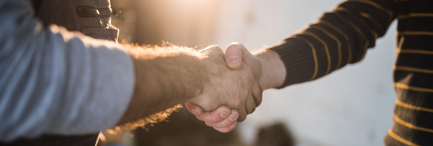 close up of a handshake with the sun in the background