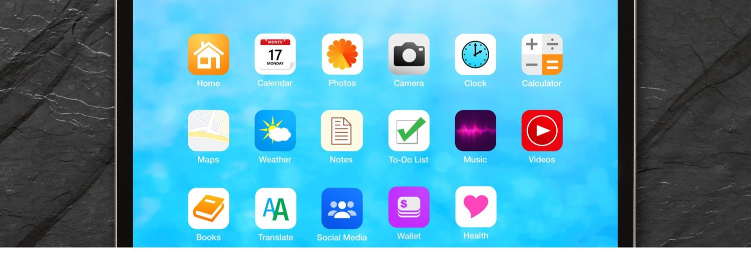 Colorful app icons against a blue background