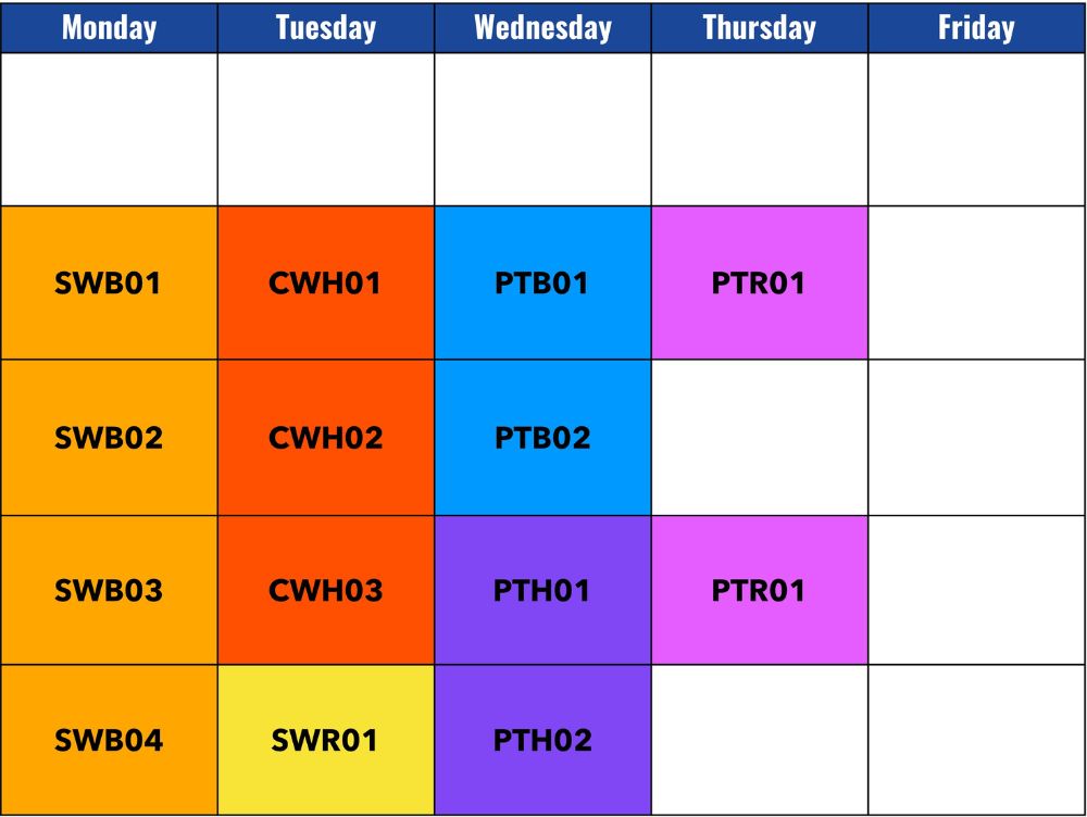 calendar showing days for drb university courses