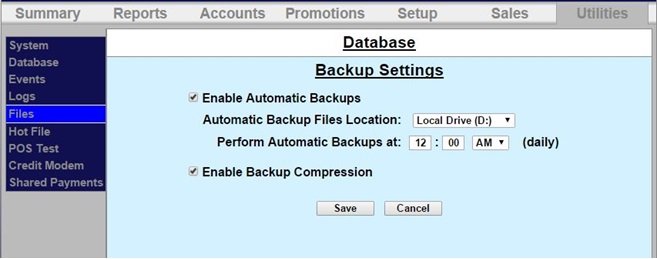 database backup settings screen in sierra car wash management system