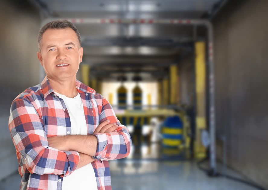 man in a flannel shirt standing in front of a car wash tunnel that is blurred