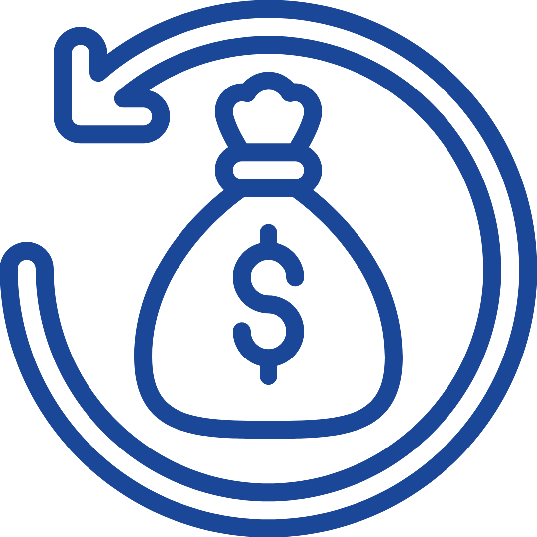 blue icon of money with arrow circling it