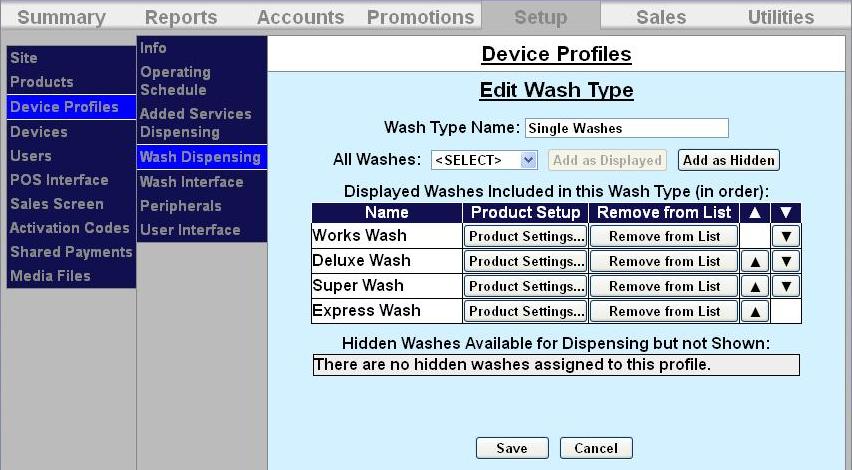 edit wash types screen in sierra