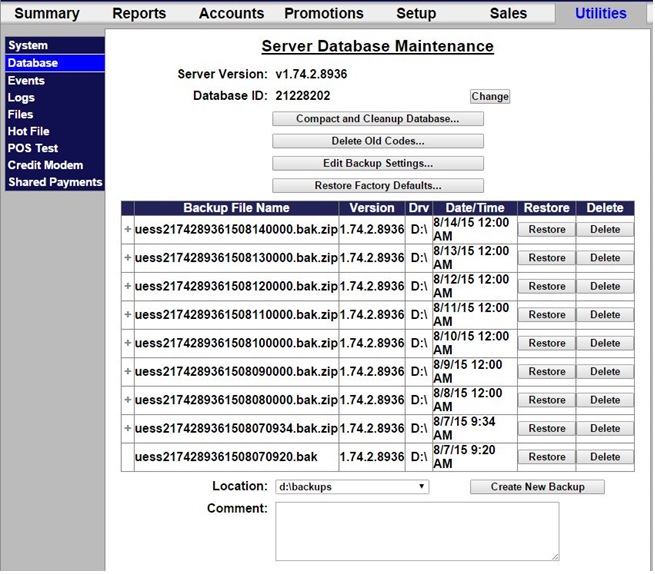 screenshot of sierra management system's Utilities tab with Database navigation option highlighted