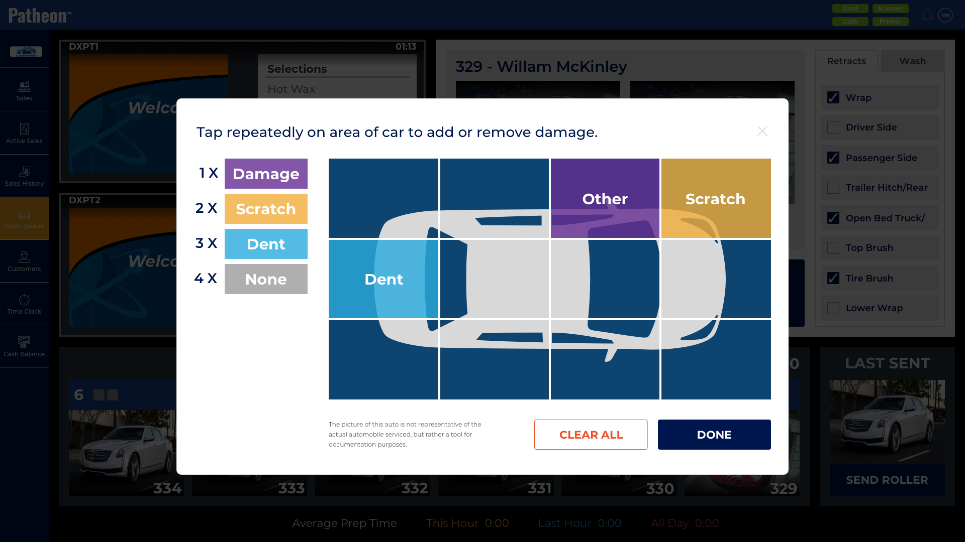 patheon's touch queuing lets you document damage on a car to be washed
