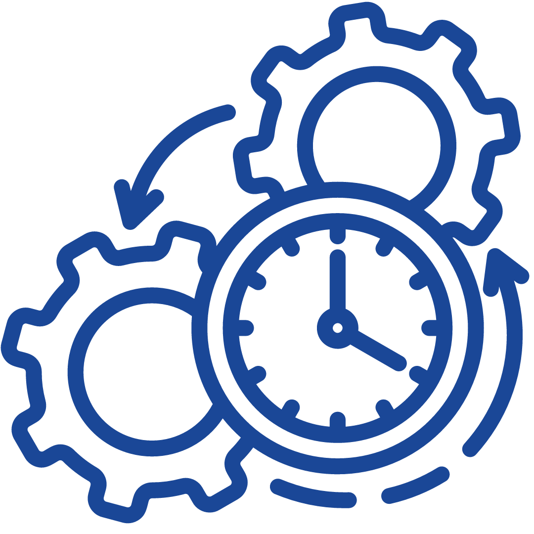 blue icon of gears and a clock