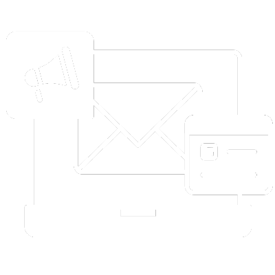 icon of a  computer screen with a mail  icon,  megaphone and webpage