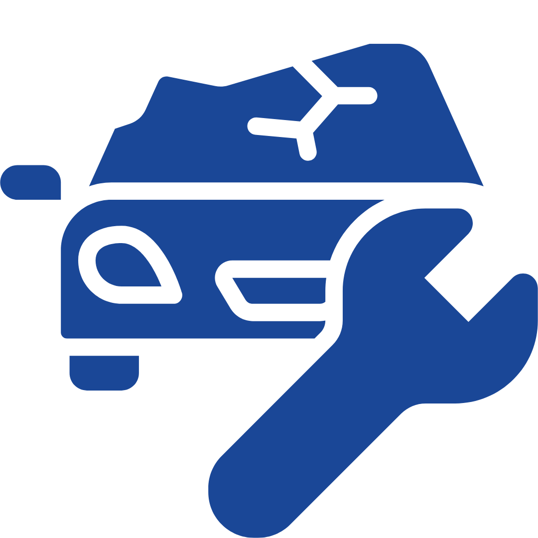 blue icon of a wrecked car and a wrench