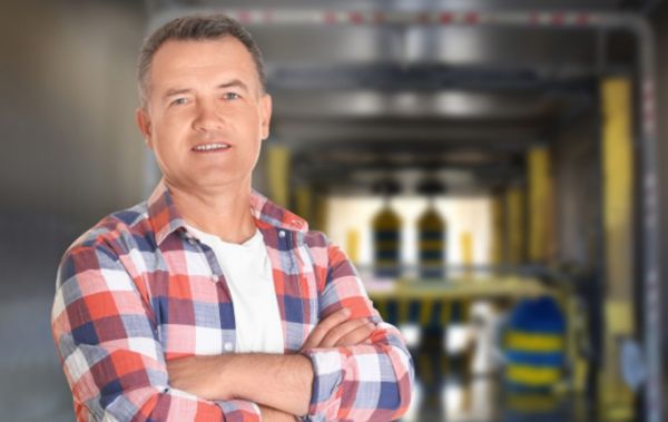man in a flannel shirt standing in front of a car wash tunnel that is blurred